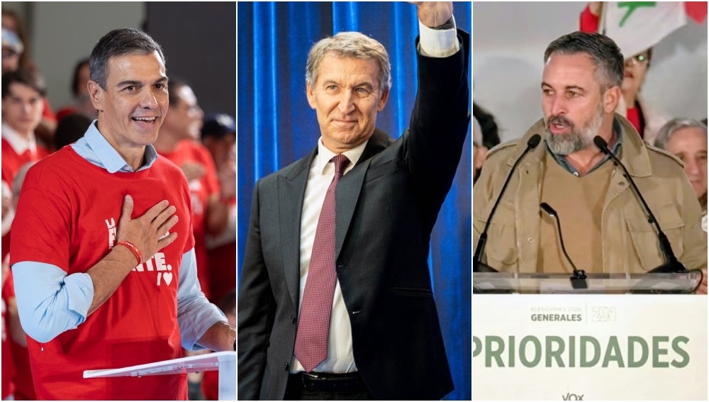 Pedro Sánchez, Feijóo y Santiago Abascal. Pedro Sánchez, Feijóo y Santiago Abascal.