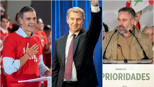 Pedro Sánchez, Feijóo y Santiago Abascal.