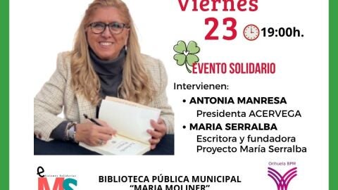 Cartel del encuentro solidario que promueve ACERVEGA junto a la escritora Mar&iacute;a Serralba