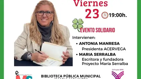 Cartel del encuentro solidario que promueve ACERVEGA junto a la escritora María Serralba Cartel del encuentro solidario que promueve ACERVEGA junto a la escritora María Serralba