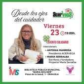 Cartel del encuentro solidario que promueve ACERVEGA junto a la escritora María Serralba