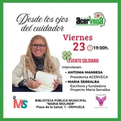 Cartel del encuentro solidario que promueve ACERVEGA junto a la escritora María Serralba Cartel del encuentro solidario que promueve ACERVEGA junto a la escritora María Serralba